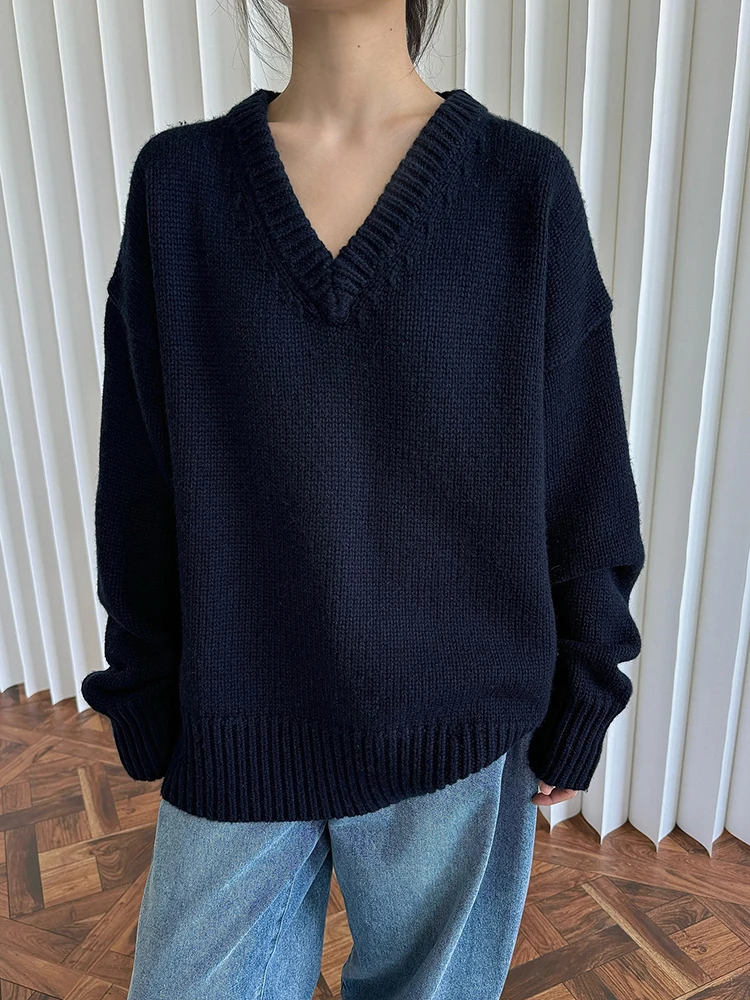 [EAM] 50% Wool Thick Big Size Knitting Sweater V-Neck Long Sleeve Women Pullovers New Fashion Tide Spring Autumn 2024 1DH7319