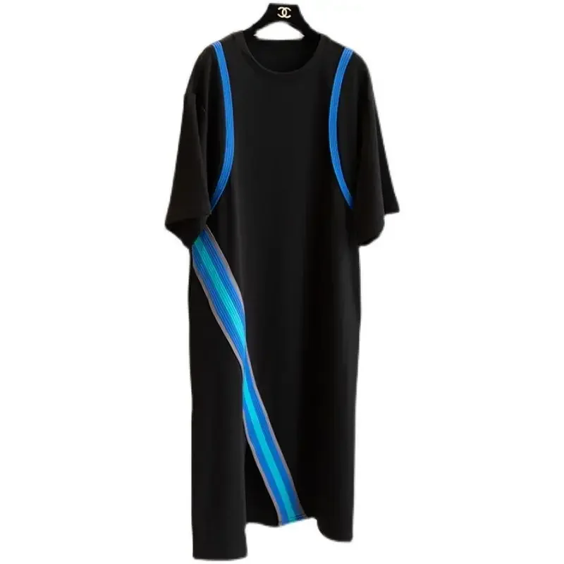 Robe t-shirt patchwork surdimensionnée pour femmes, robe décontractée, robe d'été, col rond, manches courtes, documents d'abonnés, mode, nouveau