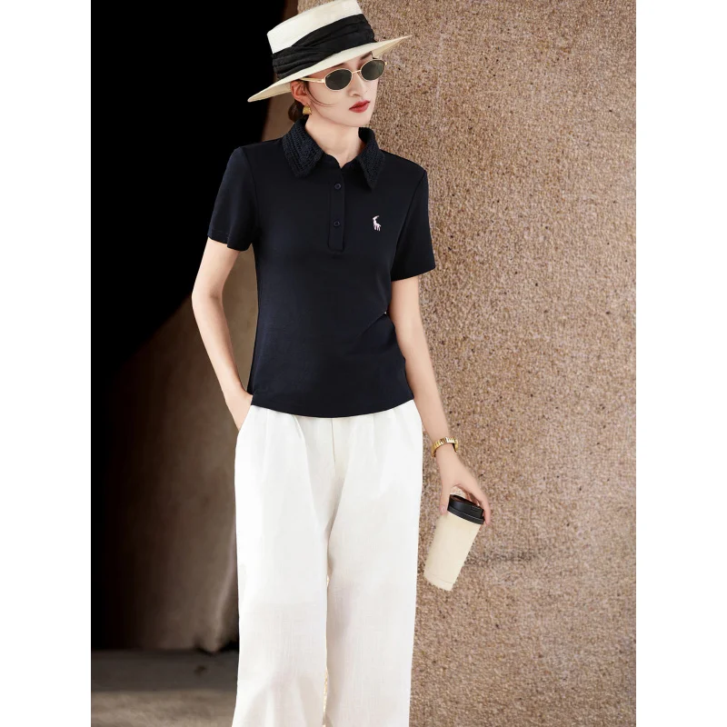 MEXCOCO 2026 Summer New Elegant Commuter Hollow Embroidery Polo Collar Slim Fit Short Sleeve T-shirt Blouse