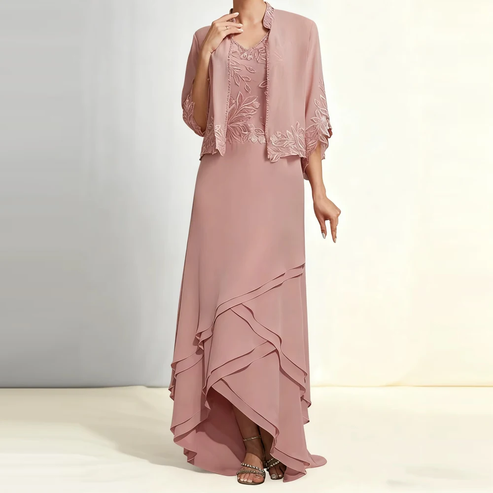 

Customized 2 Pieces Mother of The Bride Dresses with Jacket V Neck Lace Wedding Party Dresses