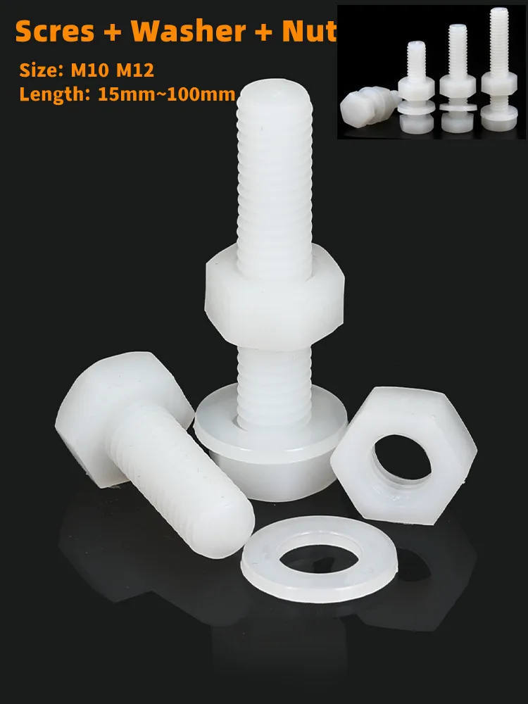

2/5/10Set 3 in 1 M10 M12 Nylon Plastic Hexand Screws Nuts Flat Washers Three-piece Combination Metric Threaded Insulated Bolts
