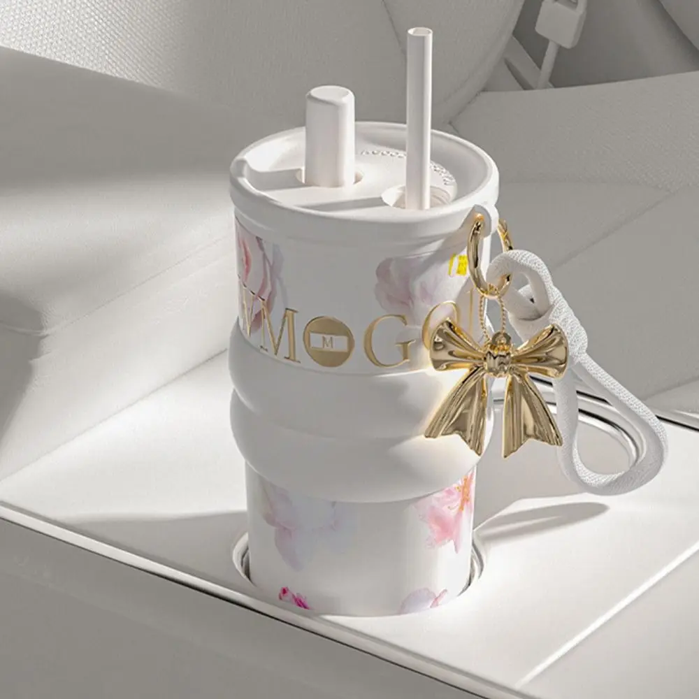 710ml Insulated Cup Large Capacity Ceramic Inner Liner Straw Water Cup with Flower Pendant Dustproof Student Drinking Cup