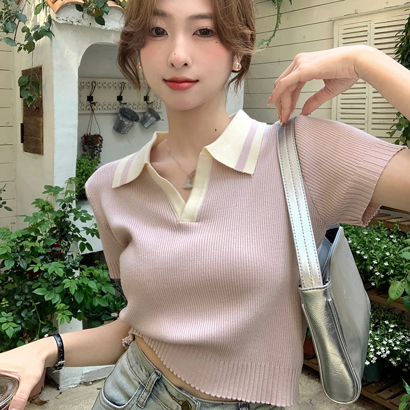 Women\'s Tops Contrast Color Turndown Collar Casual Fashion Versatile Short-Sleeved Tee T-Shirt Summer Youthful Women Clothes