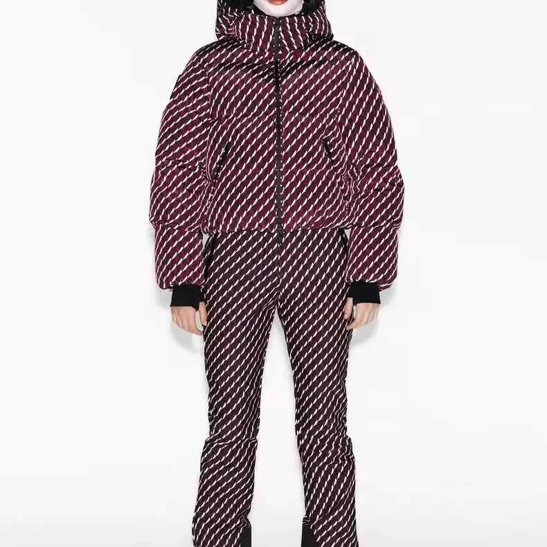 Winter Fashion Women's Cotton Jacket Flared Pants Ski Series Long Sleeve Polyester Fiber Adult Size Two-Piece Set Stripe Pattern