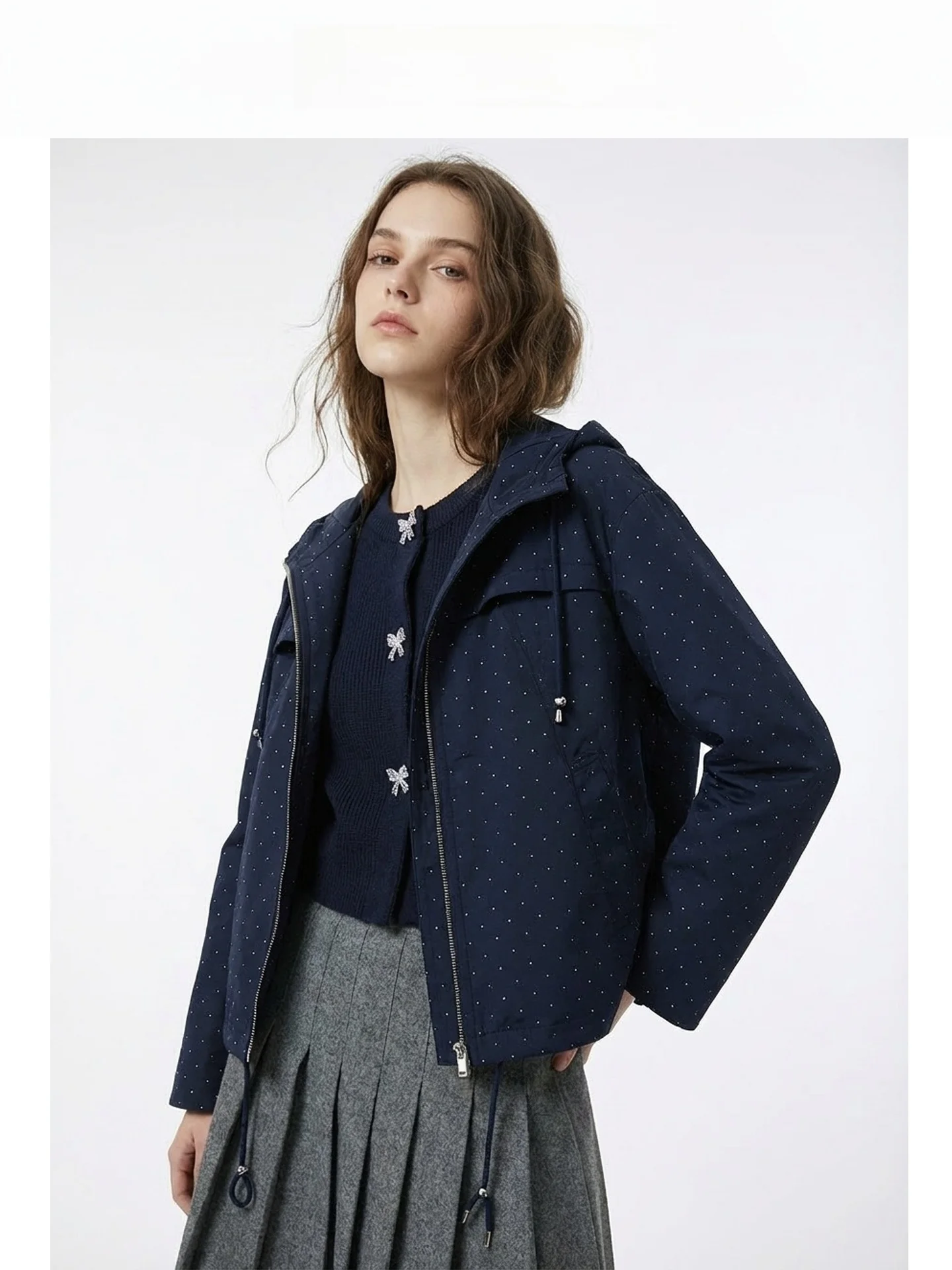 

Retro Rhinestone Hooded Jaet Women's Spring Autumn Loose Age-Defng Casual ort Sle Polyester Fabric Adult Coat