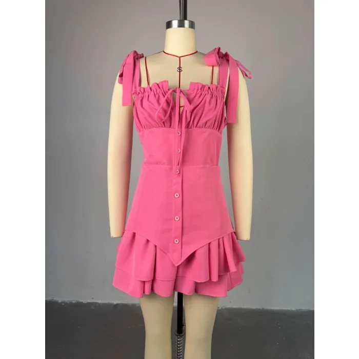 Zomer Slanke Roze Damesjurk 2025, Mode Band Mouwloze Mini-jurken Elegante Klassieke Kant-Up Geplooide Vrouwelijke Korte Rokken