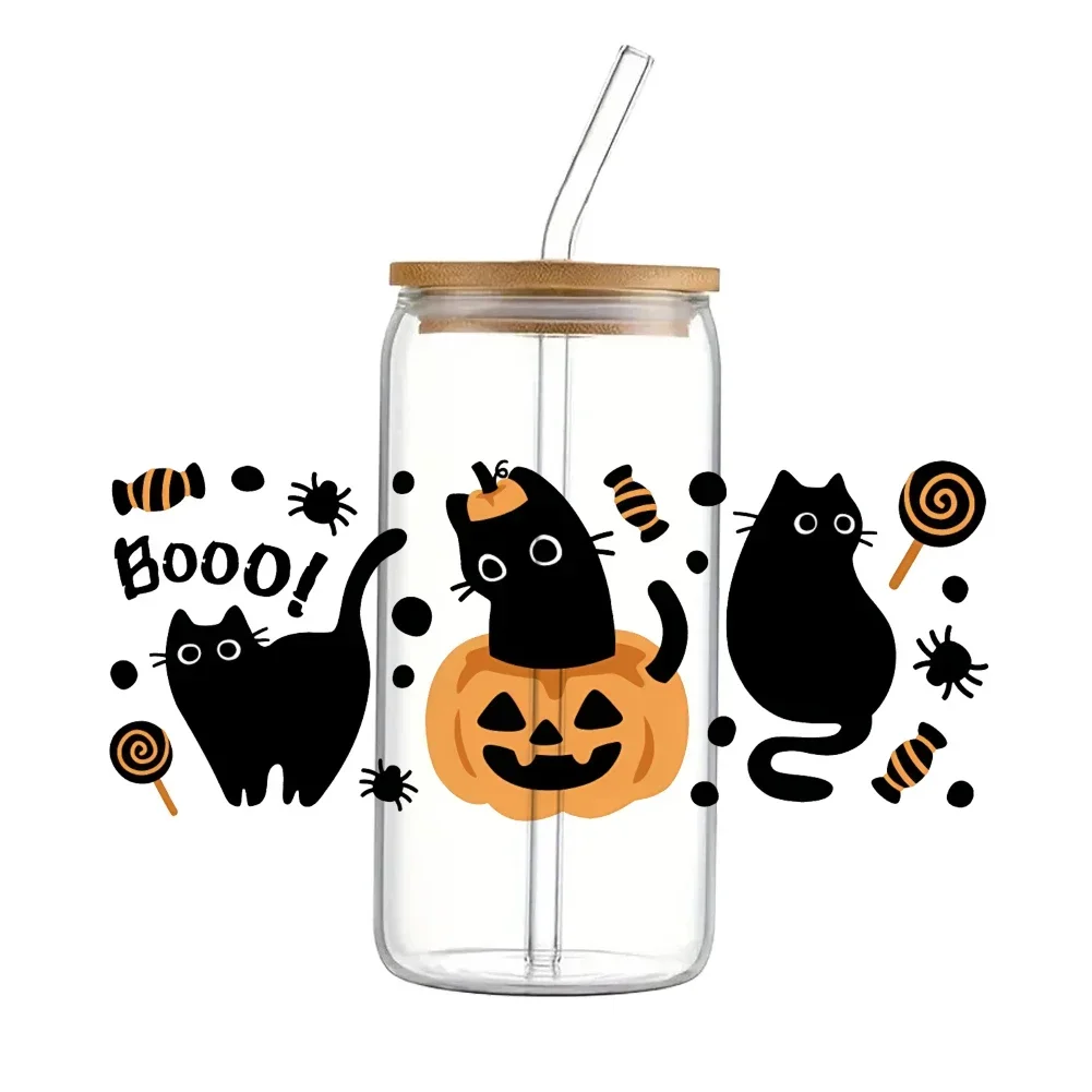 11x24cm Ghost cat UV DTF Wrap Transfer Halloween Sticker For 16Oz Glass Cup Sticker Print Waterproof Clear Smooth Diy Wrap