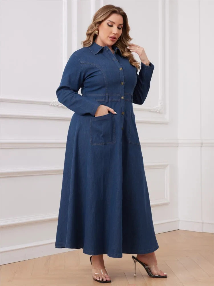 Plus Size Denim Autumn Winter Long Dress Women Ruffle Pleated Fashion Loose Ladies Dresses Long Sleeve Woman Shirts Dress 2023