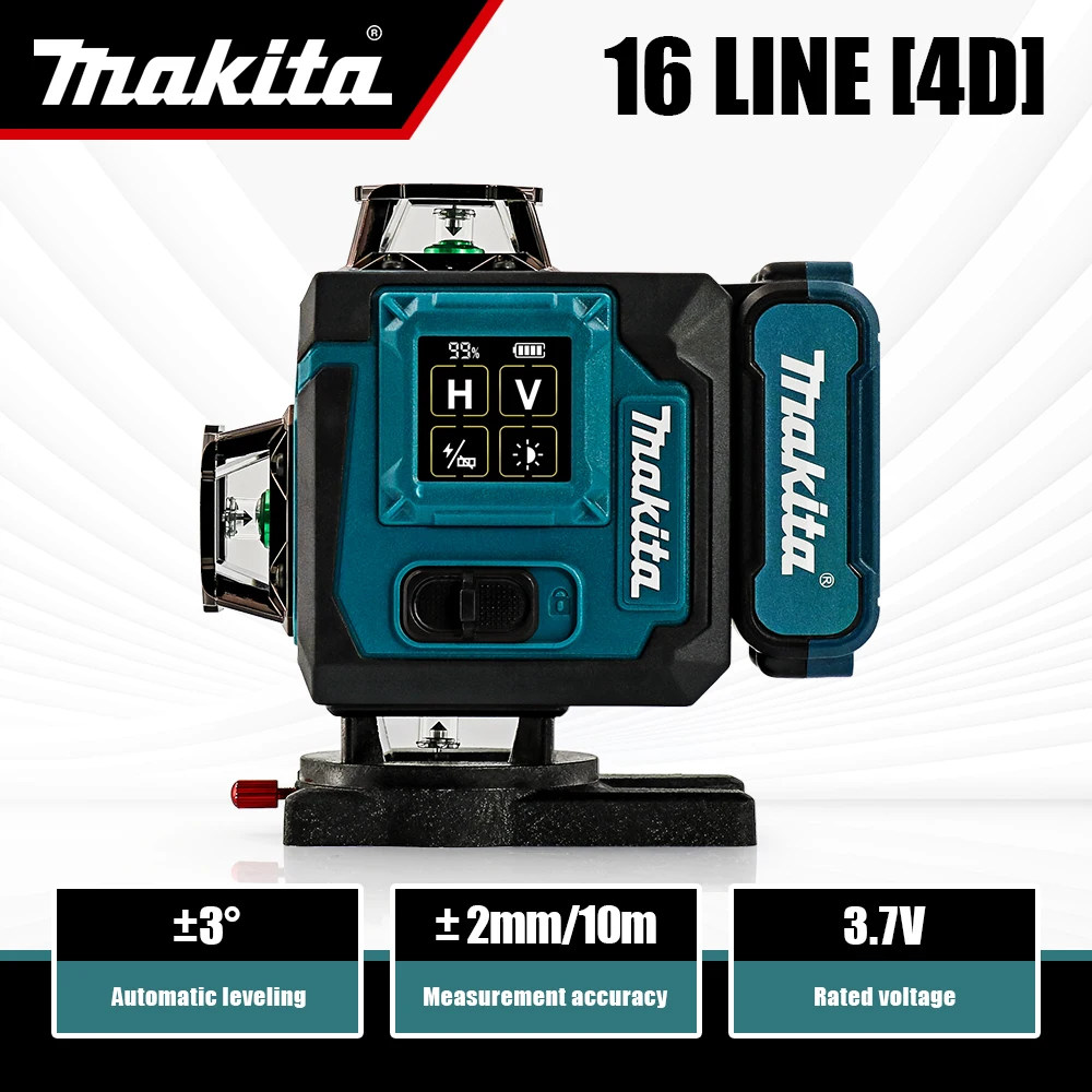Niveau laser Makita : modes manuels et d'auto-nivellement, lumière verte 515 nm, ± 4 °   Gamme, 16 lignes, IP65, avec batterie et télécommande pour l'alignement