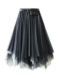 Japanese Korean Fashion Irregular Women's Tulle Skirt 2024 New Casual Spring Summer Mid Length Pleated Large Hem Lace Mesh Skirt