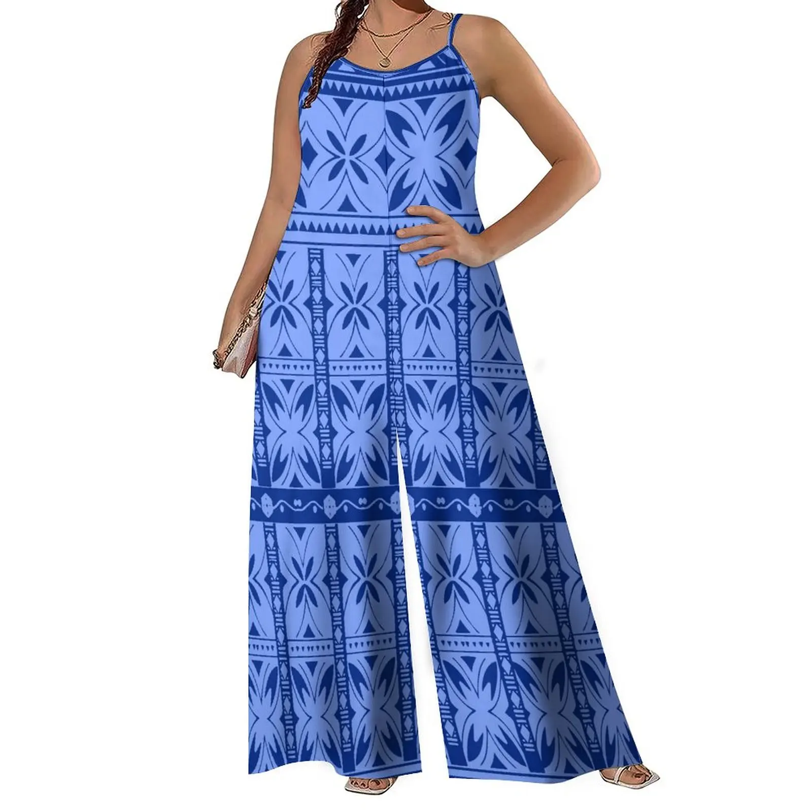 

High Quality High Quality Ladies Polynesian Tribal Ethnic Print Custom Women'S Halter Jumpsuit Loose Wide Leg Pants Comfortable