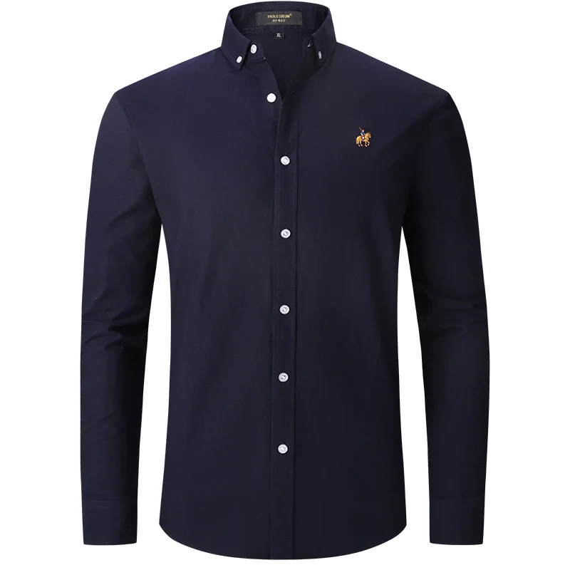 New Pure Cotton Oxford Embroidered Horse Casual Without Pocket Solid Shirt Men\'s Long Sleeve Dress Shirts Men Business Slim Fit