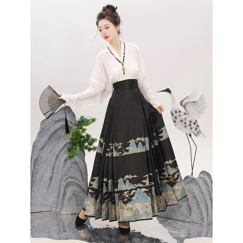 

Daily new Chinese hanfu, woven gold makeup horse dress + airplane sleeve top set