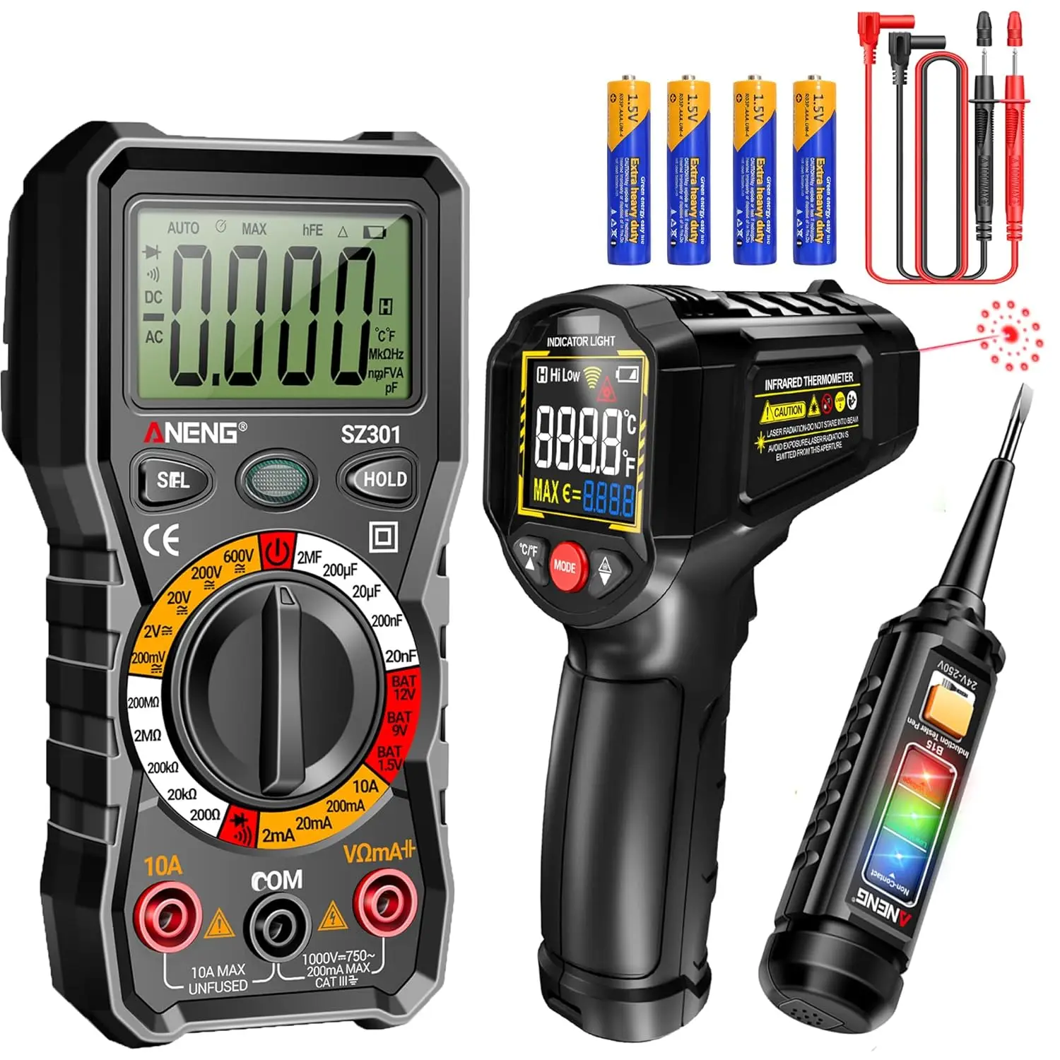 

Мультиметр с цветным ЖК-дисплеем, инфракрасным термометром и тестером напряжения, измерением напряжения, сопротивления и температуры (-58 ° F~1112 ° F), Бесконтактный