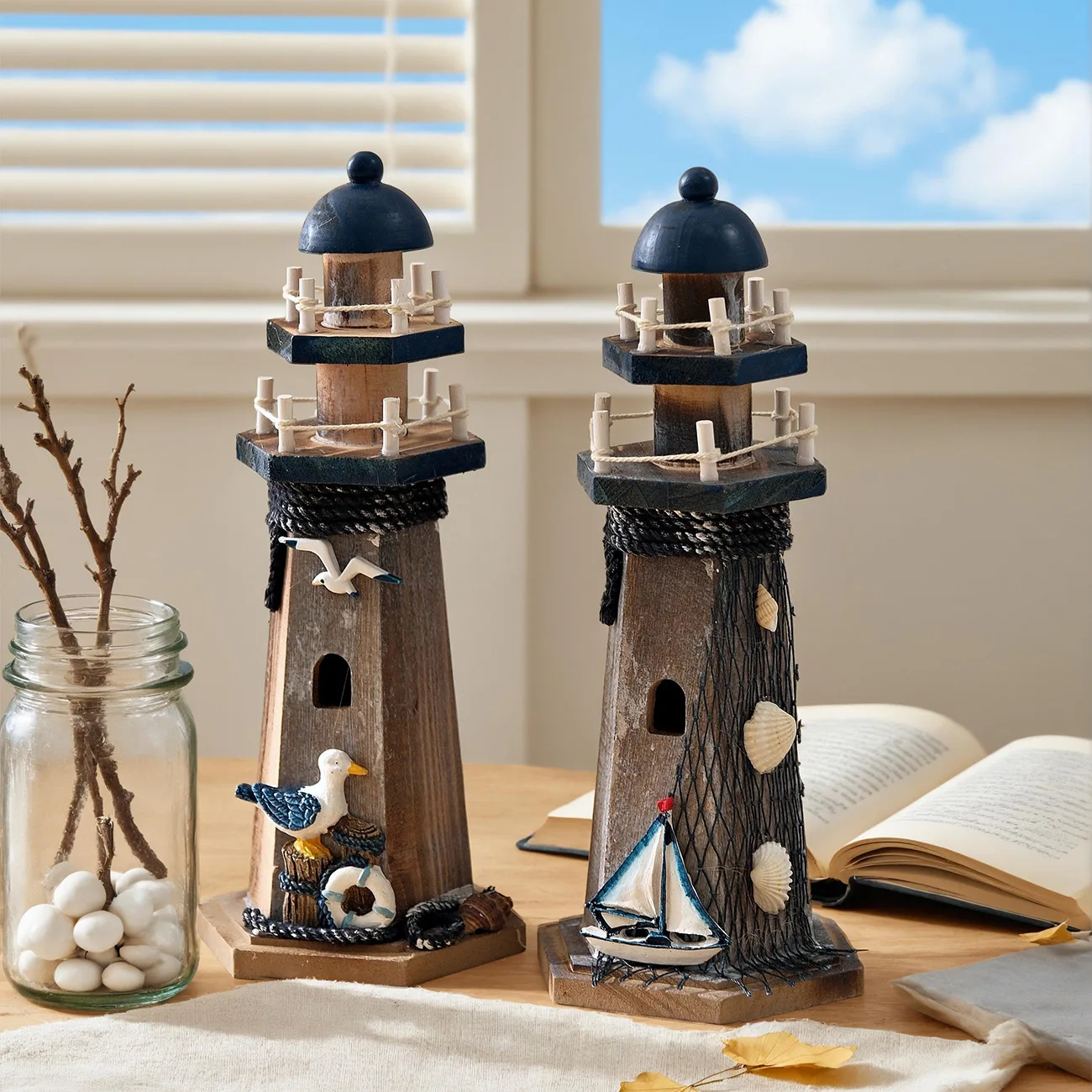Retro Mediterranean Style Wooden Lighthouse Ornaments Wood Handmade Watchtower Model Desktop Crafts DIY Ocean Theme Home Decor