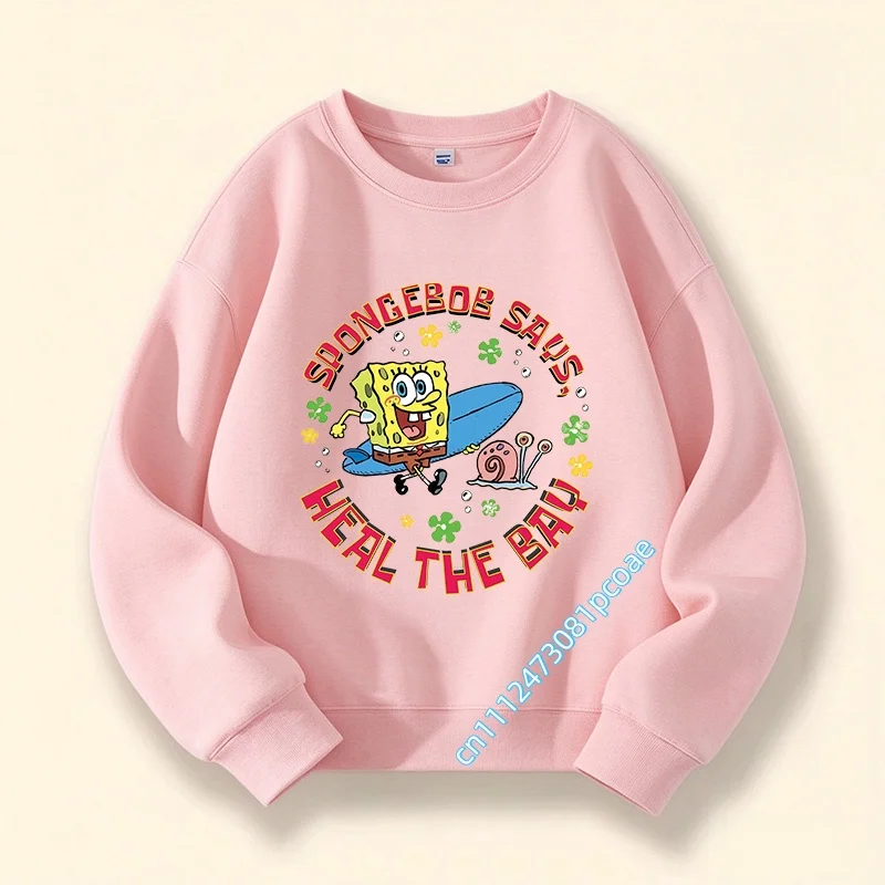 children's round-neck pullover t-shirt for boys, girls' casual top with SpongeBob SquarePants cartoon print and hooded design