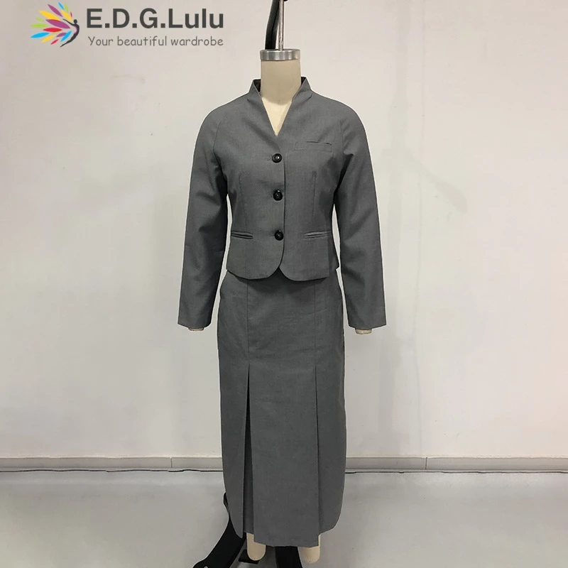 EDGLuLu Женский комплект из двух предметов с воротником-стойкой, однобортный короткий топ + длинная юбка с высокой талией, серый костюм, шикарный женский наряд 1026
