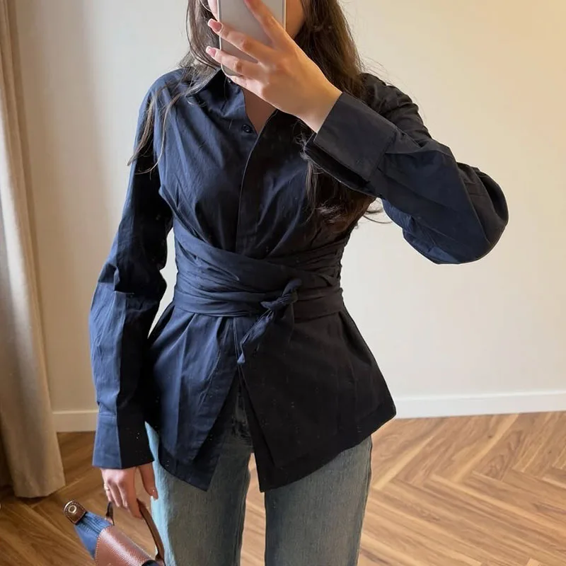 Spring Summer Lapel Cross Waisted T-shirt New Temperament Slim Fit Commuting Top Simple Solid Color Long Sleeved Women's Blouses
