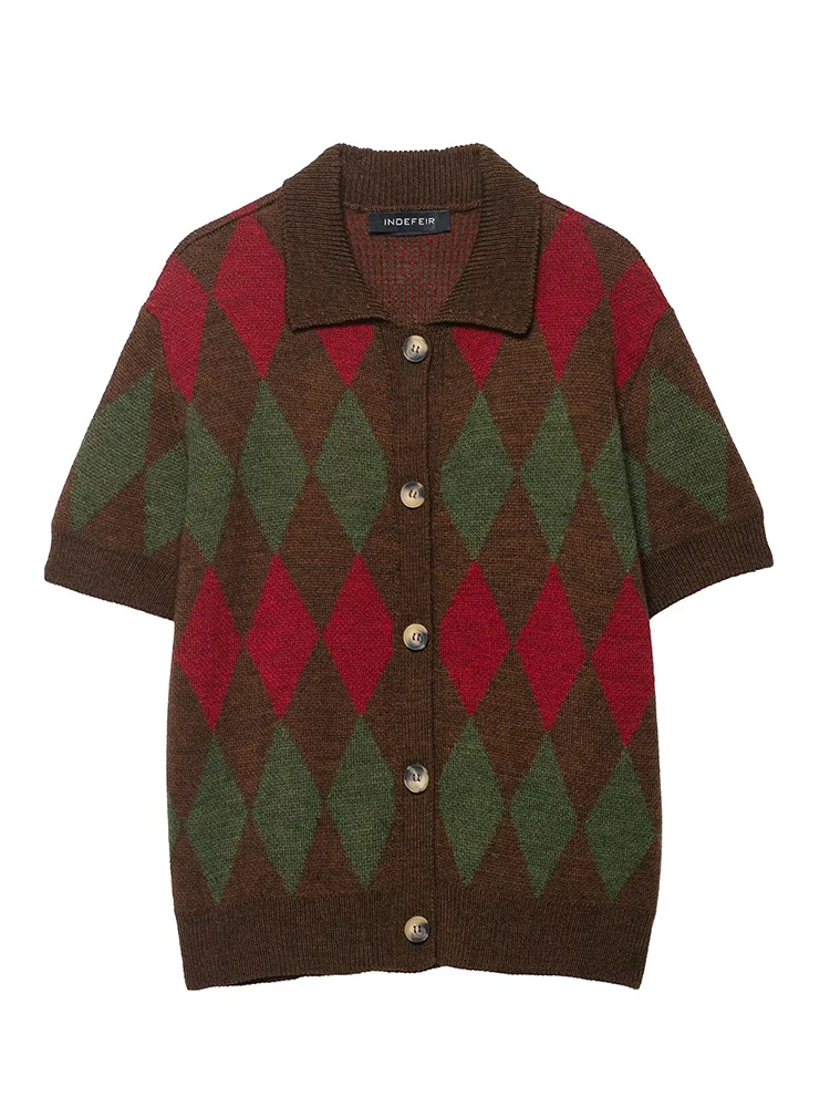 

2025 Women Fashion New Button Cardigan Short Sleeve V-neck Knitted Sweater Cardigans Chic Female Diamond Print Knitwear Coat