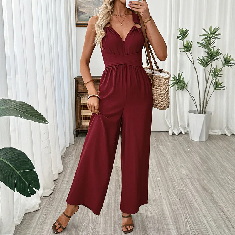 Chic 2026 Summer Women Jumpsuits Sexy Rompers Ripe Wind Jumpsuit Burgundy Shoulder Strap V-neck Cross Backless Jumpsuit Y2K