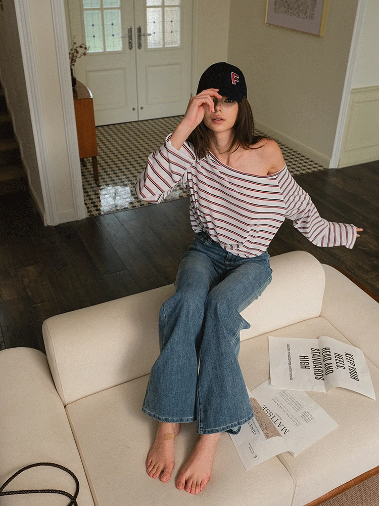 

Fre up Women's Long Sve T-irt Casual Sle Loose Fit oulder Bared Stripe Pattern Polyester Lyocell Fiber Spring Season