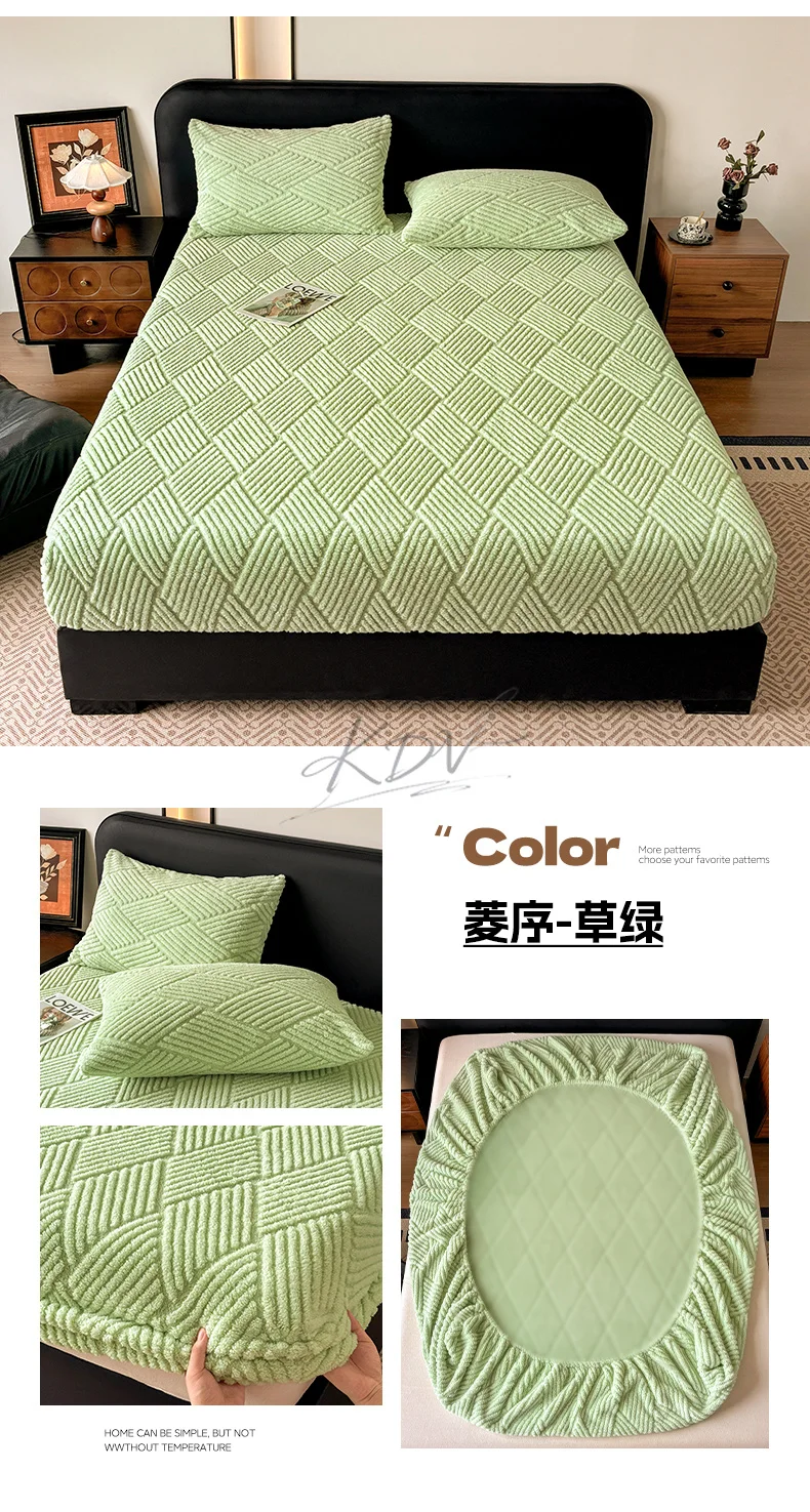 Geometric Jacquard Fleece Fitted Sheet Winter Thickened Warm Mattress Cover Solid Color Soft Plush Sheet for Single Double Bed