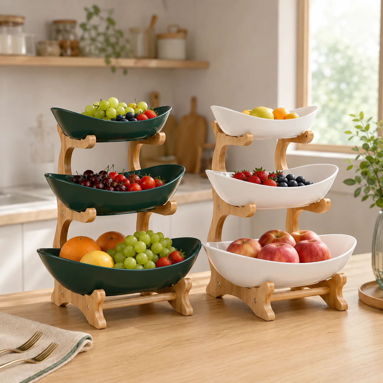 2/3-Tier Fruit Bowl with Stand, Plastic Fruit Basket with Bamboo Frame for Kitchen Countertop, Large Capacity Fruit Display Stand for Fruit, Snacks, Candy, Bread & Party, Gold Fork Included