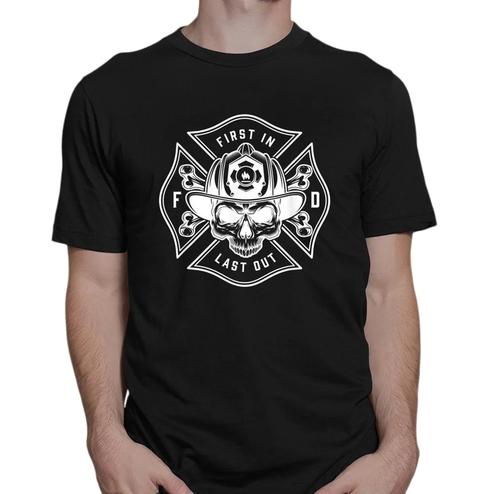 Cotton Black T-Shirt Firefighter First in Last out Skull Fire Department Printed Men's & Women's Summer Top