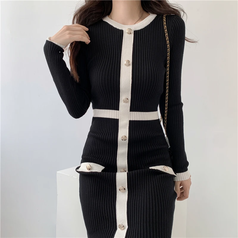 New 2024 Autumn Winter Sweater Dress Women Long Sleeve Slim Knitted Dresses Black Color Midi Dress Patchwork Color Elegant Dress