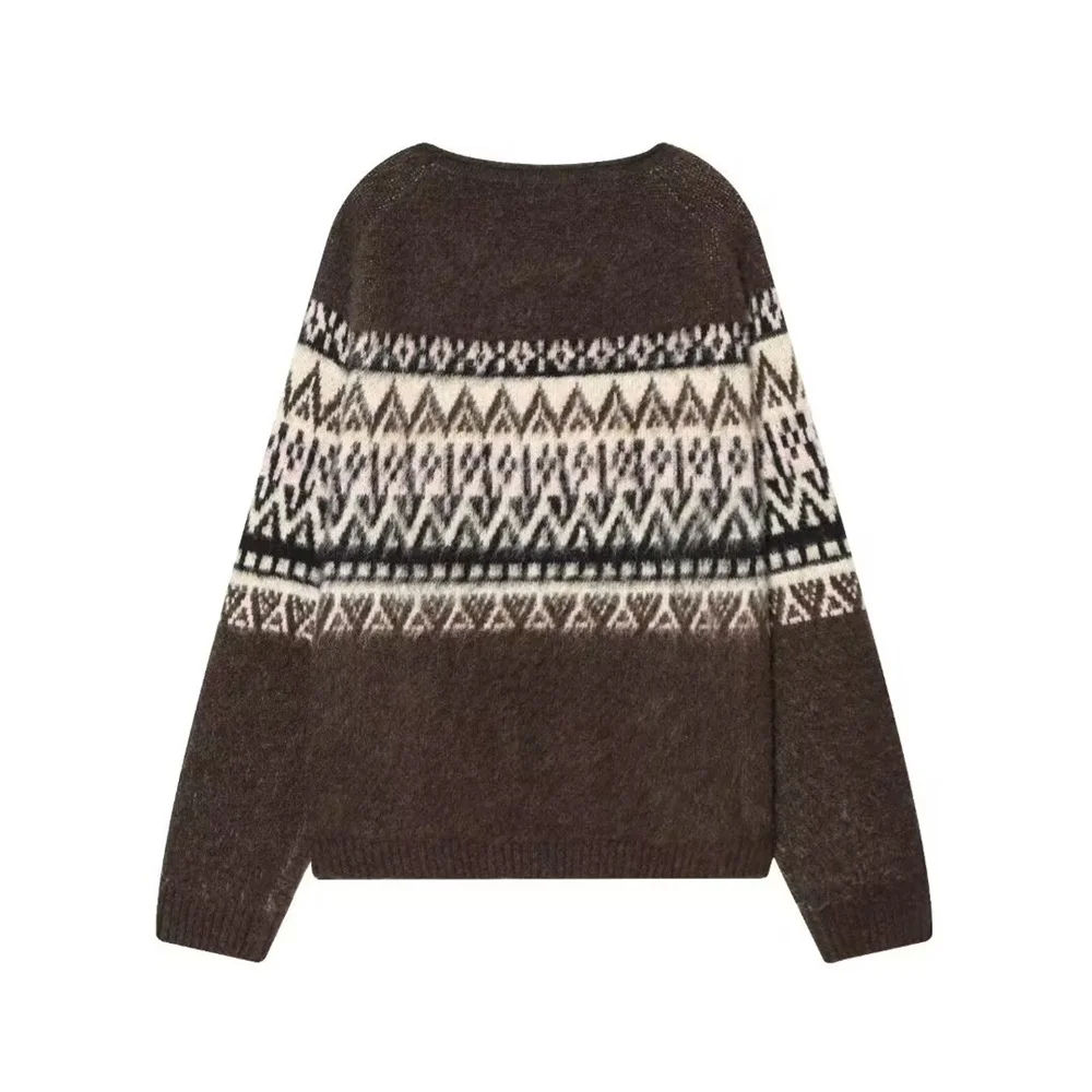 الخريف والشتاء المرأة الجديدة الرجعية فضفاضة جولة الرقبة طويلة الأكمام بالفرشاة تأثير الجاكار محبوك قميص