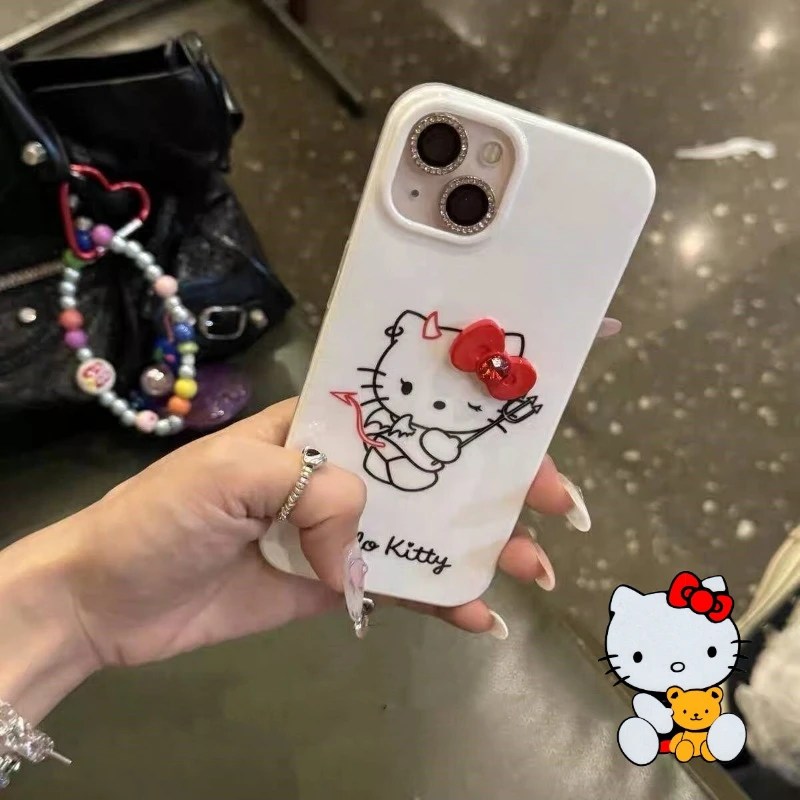 

Защитные чехлы для телефонов Sanrio Hello Kitty для iPhone 15 14 13, противоударная задняя крышка с 3D луком и дьяволом, мультяшная защита от падения