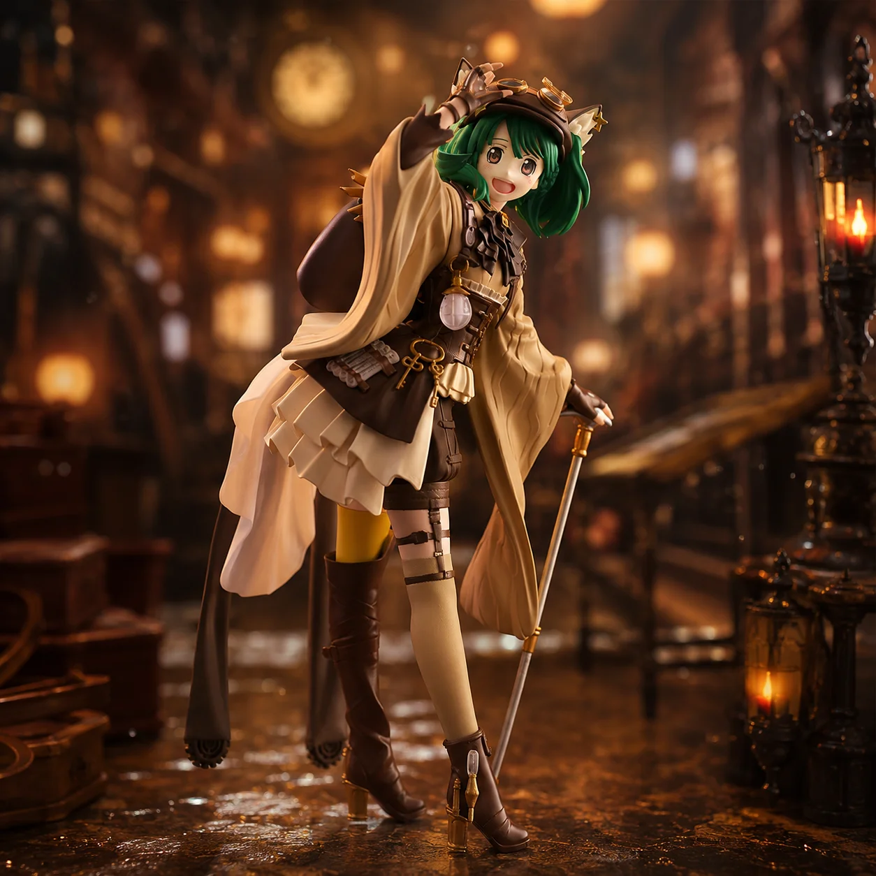1pc Anime Girl Figure Model in Steampunk Outfit, Green Hair Character with Cape and Cane, Collectible Statue, Holiday Gift Idea.