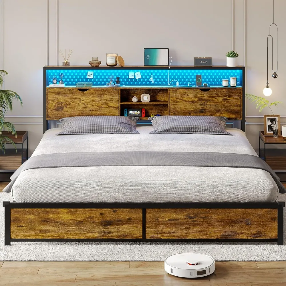 King Size Bed Frame with Storage Drawer, USB Ports & Charging Outlets, Metal  Platform Bed Frame