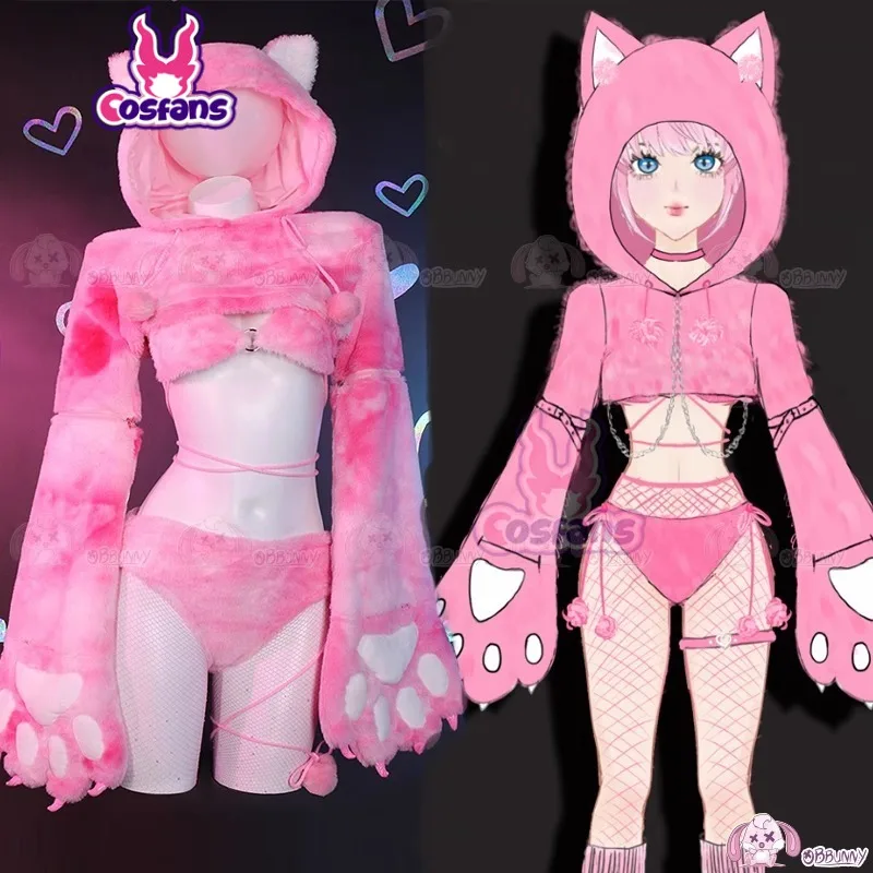 

Women Sexy Lingerie Set Pink Cat Style Furry Paw Top&Panty with Paws Fishnet Stockings Halloween Sexy Lingerie Blue Furry Hooded