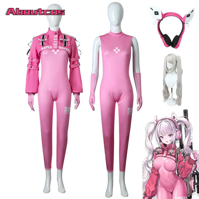 

Aboutcos New Game Nikke Alice Cosplay Costume Wig Headphones Sexy Latex Catsuit Bodysuit Pink Jumpsuit Jacket Suit Women Girls