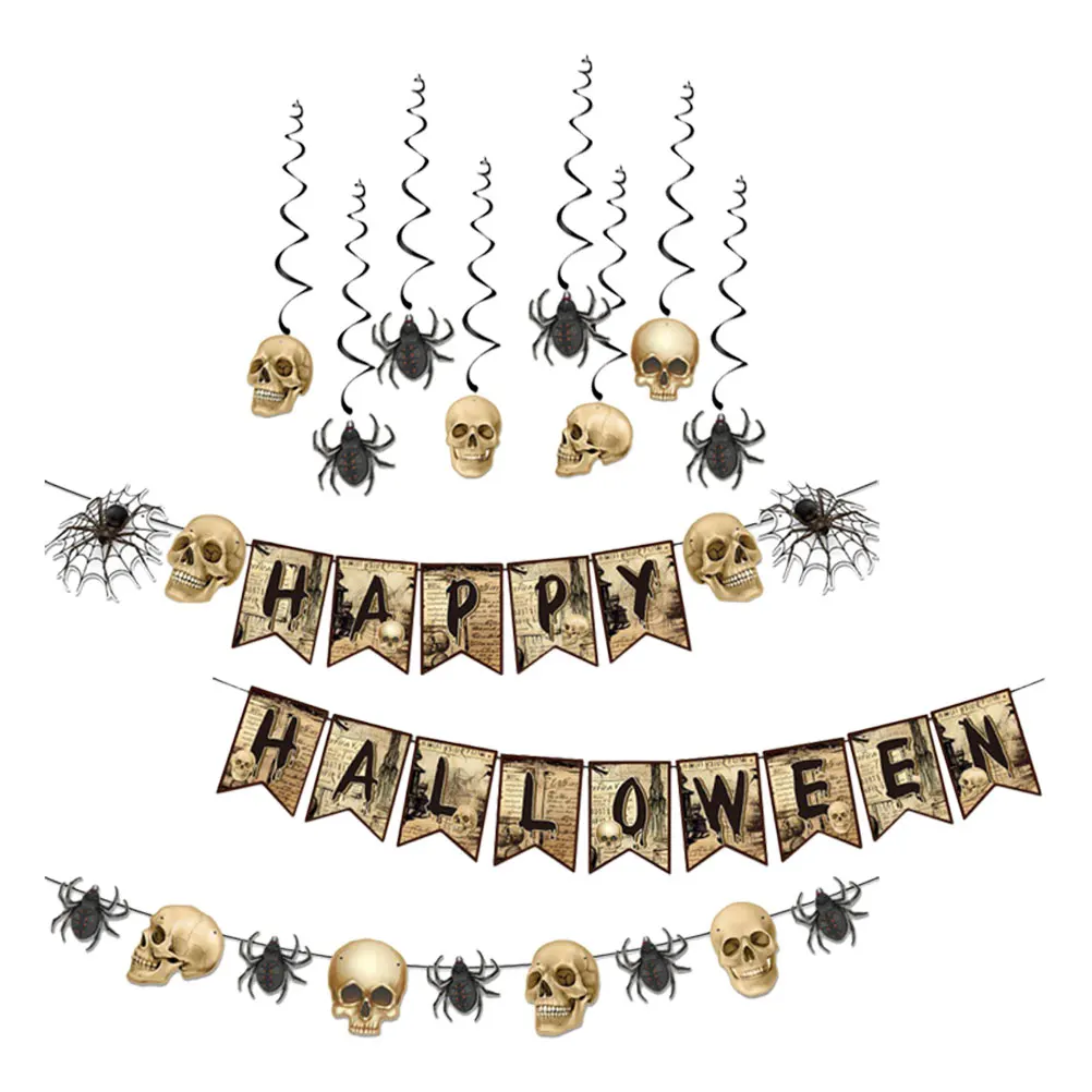 

Skull Spider Banner Halloween Decorations Set PVC Paper Flags Hanging Banners Party Supplies Scary Decoration Spiral