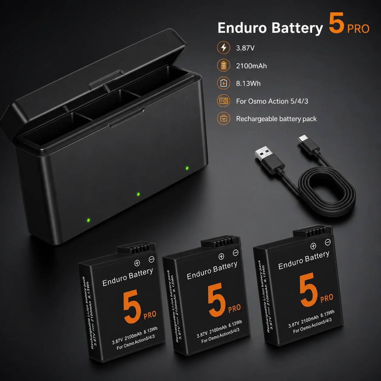 2100mAh Replacement Camera Battery with 3 Slot Fast Charger for DJI Osmo Action 3 4 5 Pro Rechargeable Pack