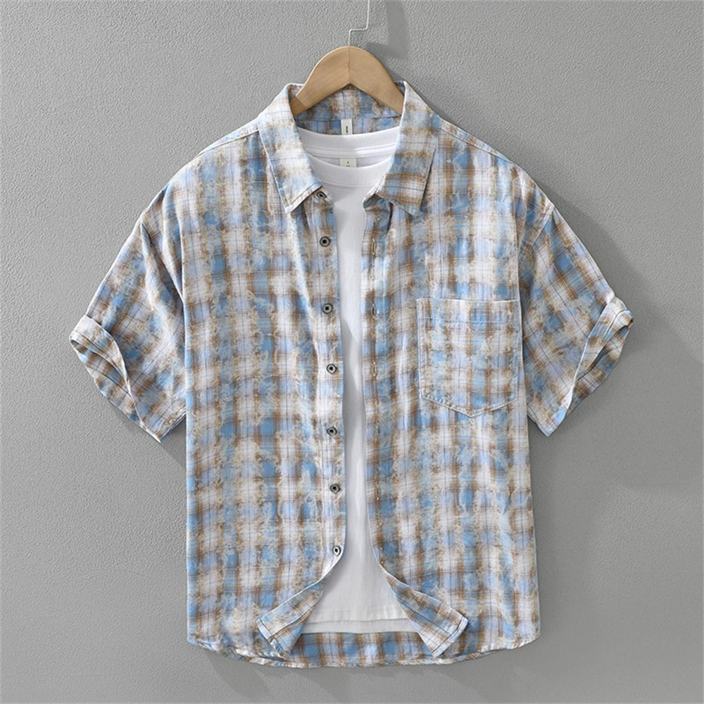 

Summer men's short sleeve shirts soft cotton check Loose fit shirt freshen mens clothes plaid Casual tops for man