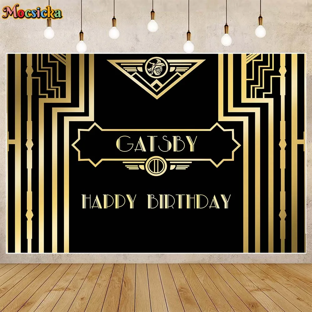 

Mocsicka Gatsby Happy Birthday Background Black and Gold Adult Men Birthday Party Decor Backdrop Photography Photo Studio Custom