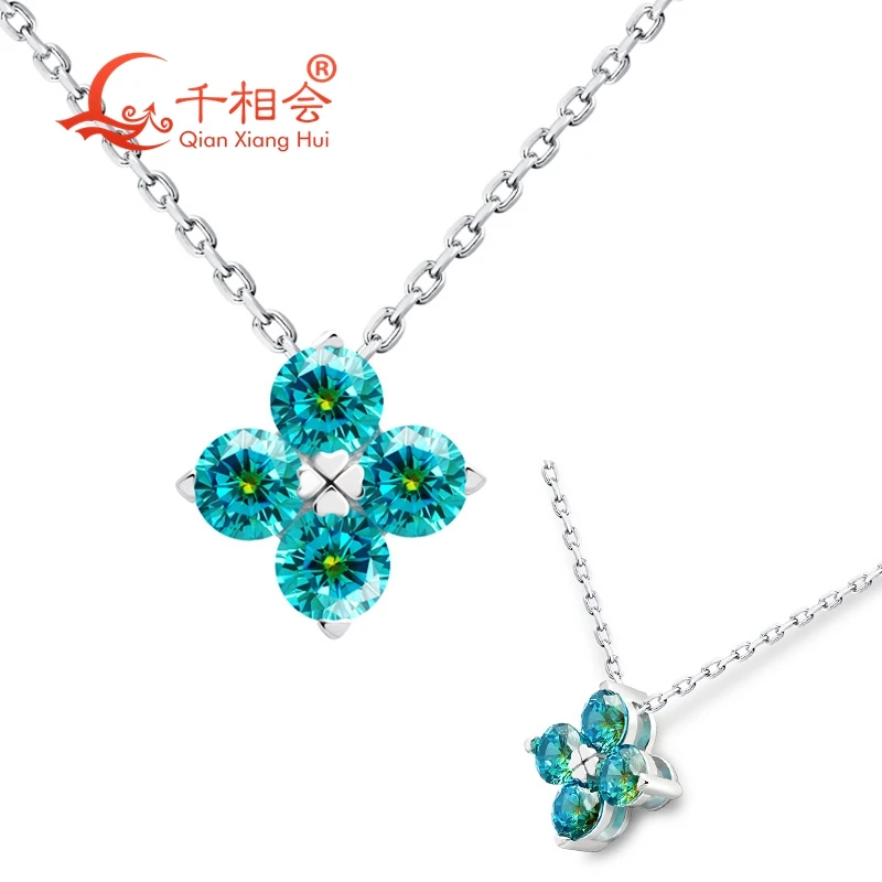 

S925 silver 4mm round four leaf clover blue green special double color cubic zirconia stone pendant choker necklace jewelry gift