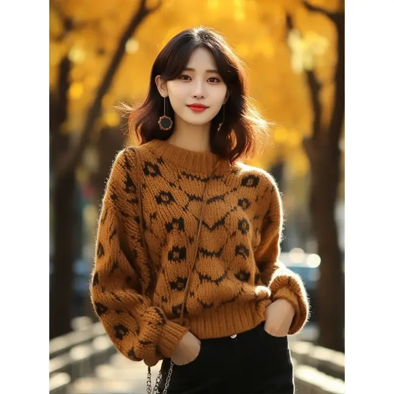 2023 New Lazy and Loose Knitted Top, Women's Sweater with High Caramel Thick Thread for Autumn /Winter Korean Fashion Pullovers