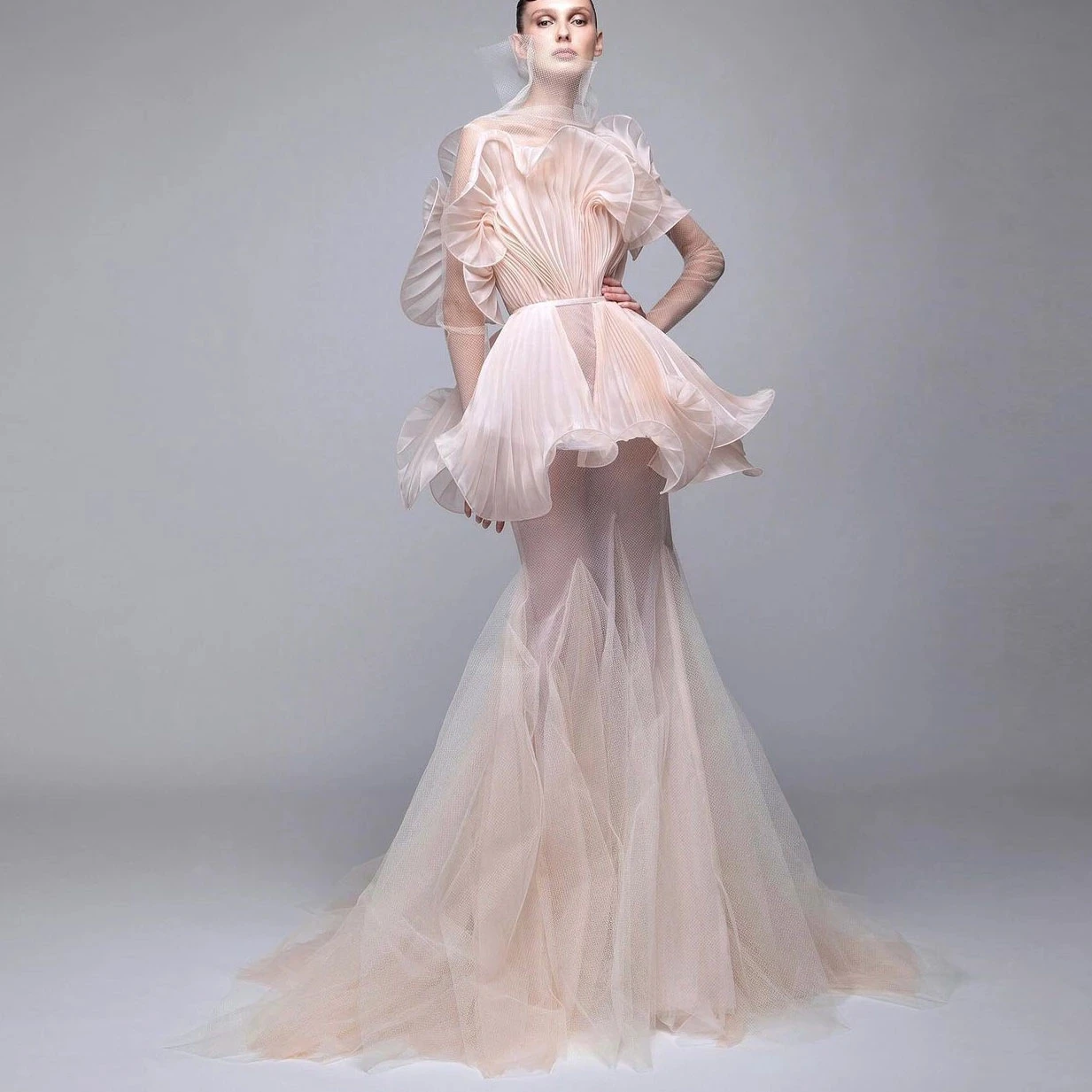 2025 Couture Long Prom Gown Chic Lady Mermaid Celebrity Dress  Women Party Dresses See Thru Pleated Organza Evening Formal Dress