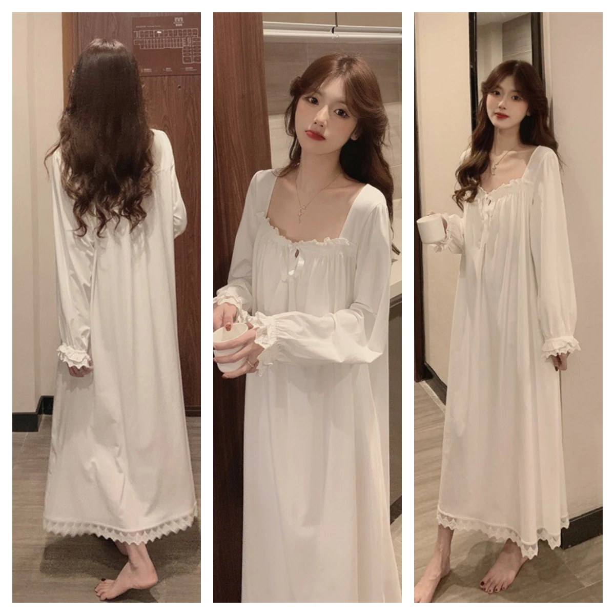 Long Sleeve Princess Style Nightdress Women's Pajamas Lace Palace Korean Version Loose Plus Size 2024 New Homewear Birthday Gift