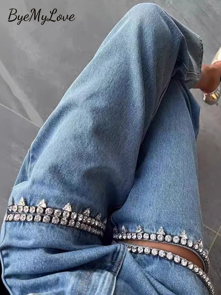 B yeMyLove Hole Sewing Diamonds Jeans Hight Street Jeans Cut Out Personalized Jeans Women Wide Leg Hight Waist Casual Loose Pant