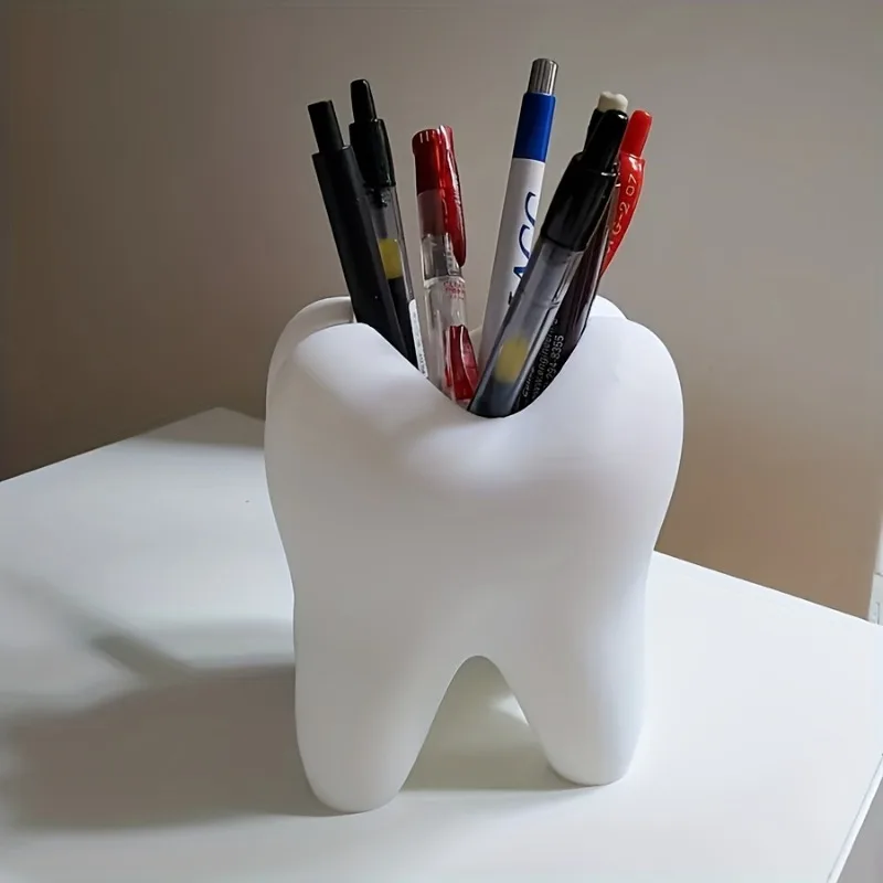 1pc Tooth-Shaped Pen Holder | White Plastic Freestanding Pen Organizer, Wall Mount, Lightweight, Novelty Shape