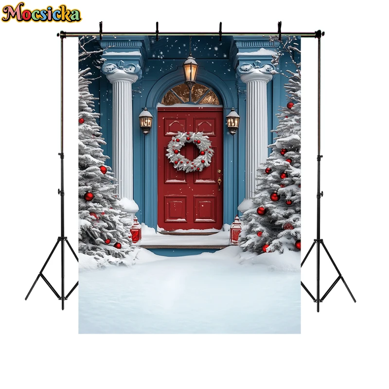 Winter Christmas Yard Photography Background Wooden Door Xmas Tree Decor Holiday Party Family Portrait Photo Backdrop Studio