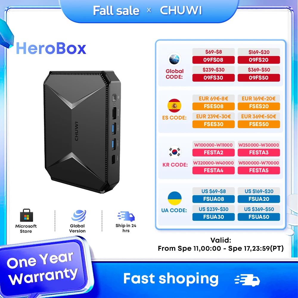 

CHUWI Herobox Mini PC Intel 12th Gen N100 Quad Core 8GB RAM 256G SSD WiFi 6 BT5.2 Gigabit Ethernet VESA Up to 2TB SSD Windows 11