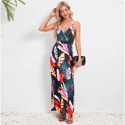 Bohemian Backless Vest Sleeveless Printed Dress Women V-Neck Elegant Vacation Long Dresses Robe
