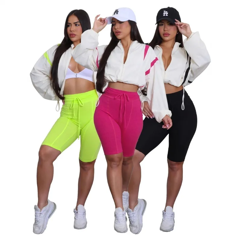 

Fitness Women 2 Piece Set Zipper Fly Crop Coat Skinny Biker Shorts Matching Set 2025 Summer New Streetwear Sporty Tracksuits