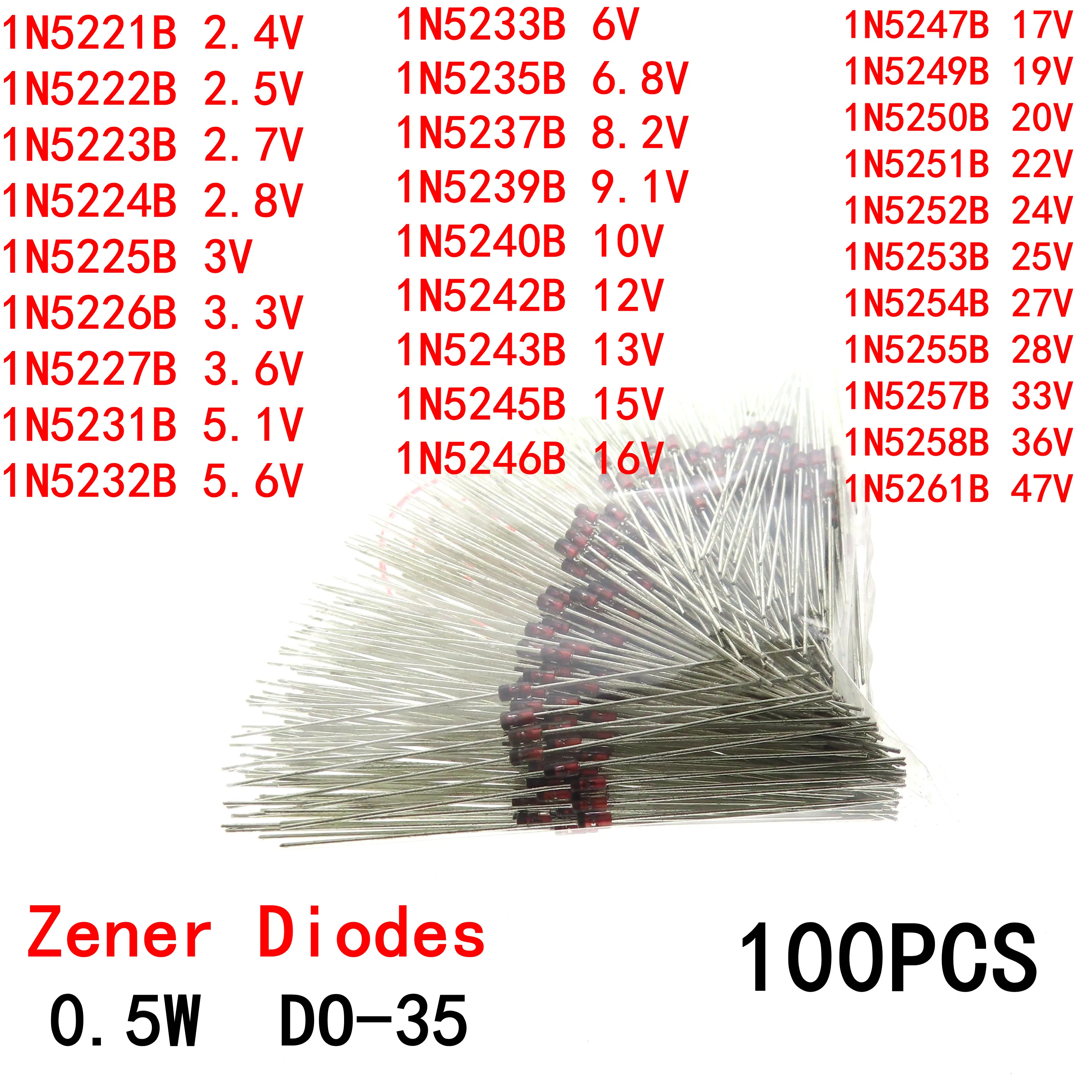 100pcs 1N5 * * * Zener diode 0.5W (500mW) DO-35 2.4V 3V3.3/4.3/4.7/6.2/6.8/12/15/18/24/33V